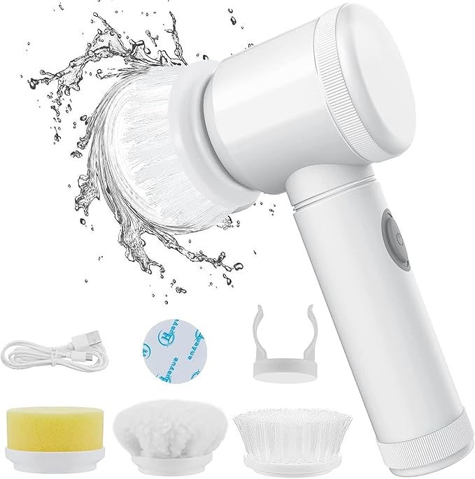 Multi-Functional Electric Cleaning Brush 5 in 1 Magic Power Scrubber Household Cleaning Tools Spin Scrubber with Buffer Polisher, for Bathroom, Shower, Tub, Kitchen Floor, Standard