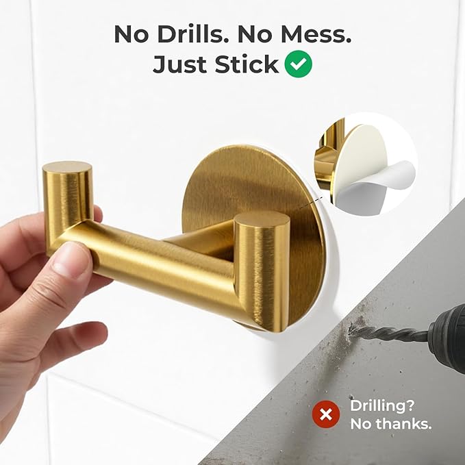 2 Pack Brushed Gold Bathroom Hooks for Towels - Self Adhesive Double Hooks for Wall, No Drilling, Stainless Steel 304, Strong Hold for Robes, Coats, Shower Use