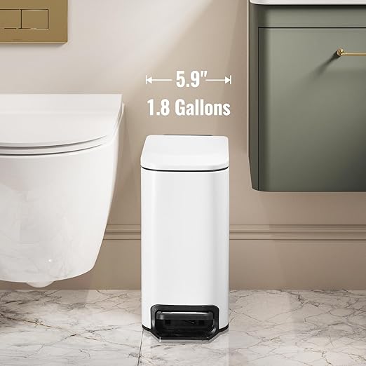 ELPHECO Small Bathroom Trash Can with Lid Soft Close 1.8 Gallon / 6.8 Liter Stainless Steel Garbage Can Slim White Wastebasket for Bathroom, Office, Bedroom, Matte White