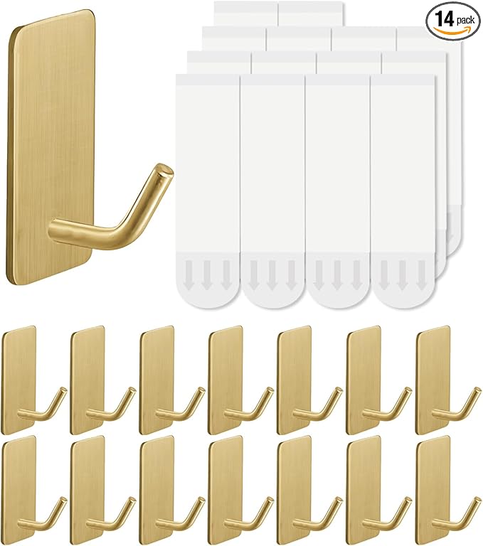 14 Pcs Towel Hooks with Removable Strips for Hanging, Adhesive Wall Hooks Heavy Duty, Outdoor No Damage, Sticky Hook for Bathrooms, Shower, Stockings, Decor, Robe, Small, Gold 304 Stainless Steel