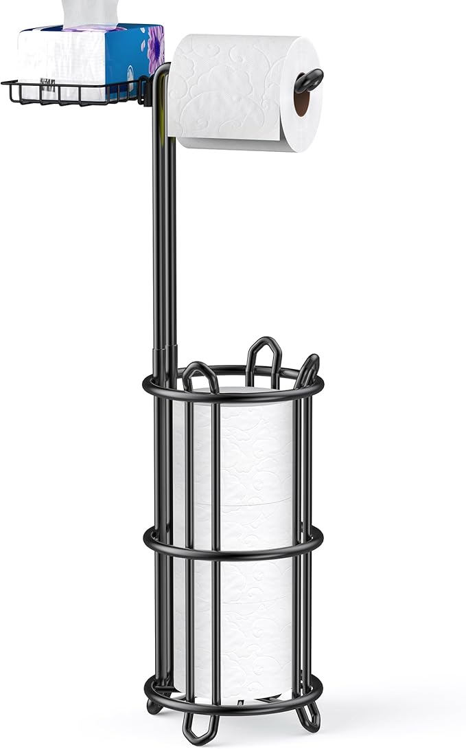 Meangood Toilet Paper Holder Stand with Shelf, Dispenser for 4 Mega Rolls, Bathroom Free Standing Tissue Roll Storage Holder Rack, Metal Wire Black