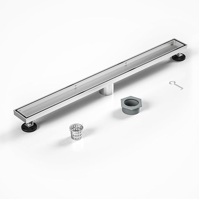 Linear Shower Drain 28" Brushed 304 Stainless Steel | Fast Drainage | Tile Inserted | Stainless Floor Drain Grate | Hair Strainer | Drain Key | The Upgrade for Your Bathroom