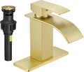 FRANSITON Black Waterfall Bathroom Faucet Lavatory Single Handle 1 or 3 Hole Bathroom Sink Faucet Washbasin Faucet with Deck and Pop-up Drain (Brushed Light Gold, Short)