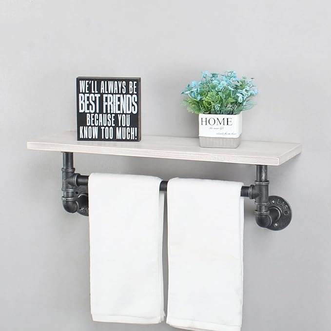 MBQQ Iron Pipe Shelves Industrial Bathroom Shelves with Towel bar,24in Rustic Metal Pipe Floating Shelves Pipe Wall Shelf,1 Tier Industrial Shelf Wall Mounted,Retro White