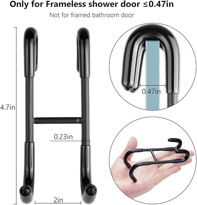 NINETREX Shower Door Hooks,Over Glass Door Hooks for Bathrooms Frameless Glass,Heavy Duty SUS 304 Stainless Steel Hook for Towels,Squeegee,Loofah,Shaver,Robe,2 Pack,Black