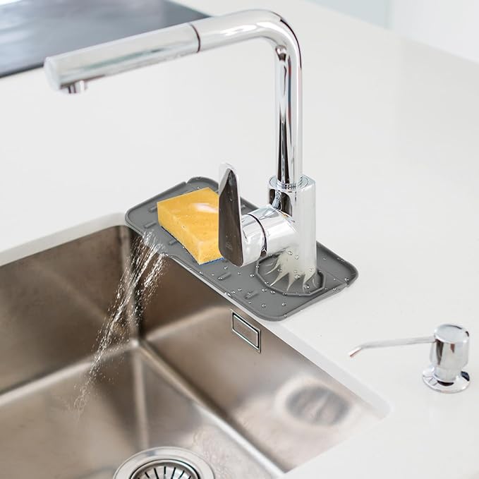 2Pcs Silicone Sink Faucet Splash Guard Mat, Soap Dish Pad Faucet Handle Drip Catch Sponge Holder Sink Protector Tray with Outlet & Slope for Bathroom Kitchen Countertop RV Gadget 8.3 x 5.3 Inch