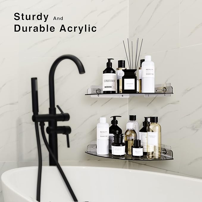 Acrylic Corner Shelves, 2 Pack Adhesive Shower Caddy Organizer for Tile Walls, Wall Mounted Clear Bathroom Shelves for Inside Shower & Kitchen Storage
