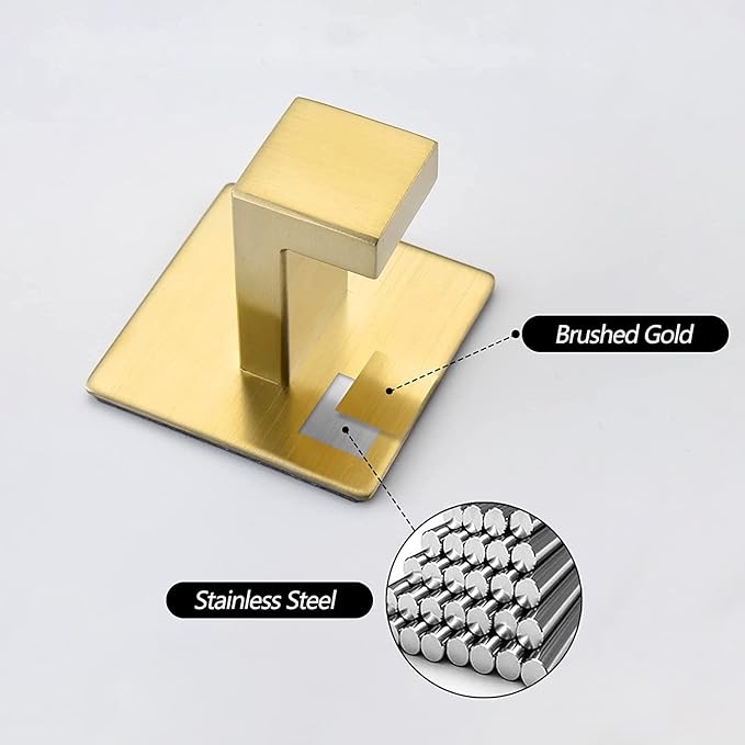 WOLIBEER Self Adhesive Towel Hook, Brushed Gold Bath Robe Hook 4 Packs No Drilling Stainless Steel Coat Hanger Sticky Wall Hook for Bathroom