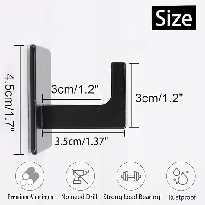 Bathroom Towel Hooks, 2 Pack Self Adhesive Square Coat Hooks, Sturdy No Drilling Robe Hook, Heavy Duty Aluminum Clothes Hanger, Wall Hooks for Bathroom Bedroom Kitchen(Black, 2 in)