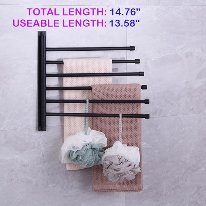 Swivel Hand Towel Bar Bathroom Swing Hanger Towel Rack Holder Matte Black Finish, Wall Mounted, 6-Arm