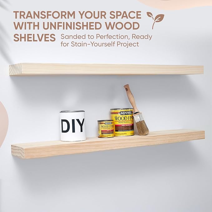 Homeforia 36 inch Wood Floating Shelves, High End Solid Natural Wood 36inch Large Floating Shelf Bathroom, Unfinished Wooden Floating Shelves for Wall, Heavy Duty Bracket, 36 X 6.5 X 1.75 in, Set of 4