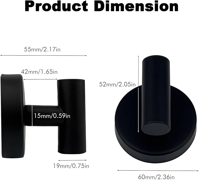 Suction Cup Shower Towel Hooks, Wall Mount Robe Holder, Heavy Duty No Drill Wall SUS304 Waterproof Stainless Steel Hooks for Bedroom, Bathroom, Kitchen, Hotel and Office (2*Matte Black)