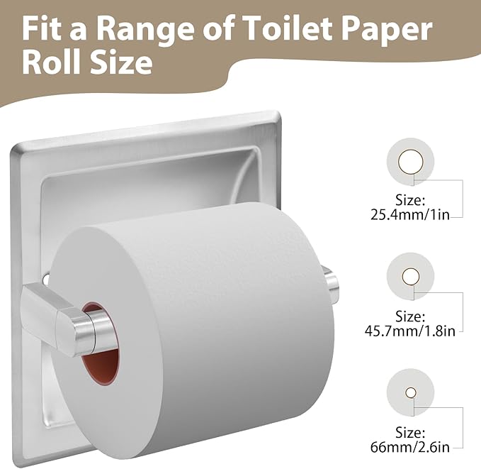 Recessed Toilet Paper Holder for Large Rolls, Pivoting Stainless Steel in Wall Toilet Paper Holder, Wall Mounted Bathroom Tissue Roll Dispenser with Modern Brushed Nickel Finish