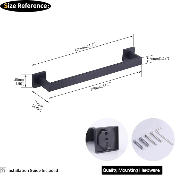 GERZWY 16-Inch Matte Black Bathroom Towel Bar SUS 304 Stainless Steel Bath Towel Bar Modern Style Wall Mount FG160140-BK