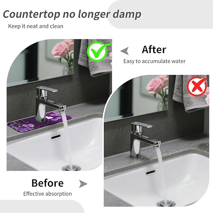 Kitchen Sink Splash Guard，Purple flowers and butterflies Faucet Mat Sink Gadgets-Super Absorbent Fast Drying Mat Drip Catcher for Kitchen, Bathroom,Sink Mat, Dish Drying Mat, Bathroom(15" X 5.5" )