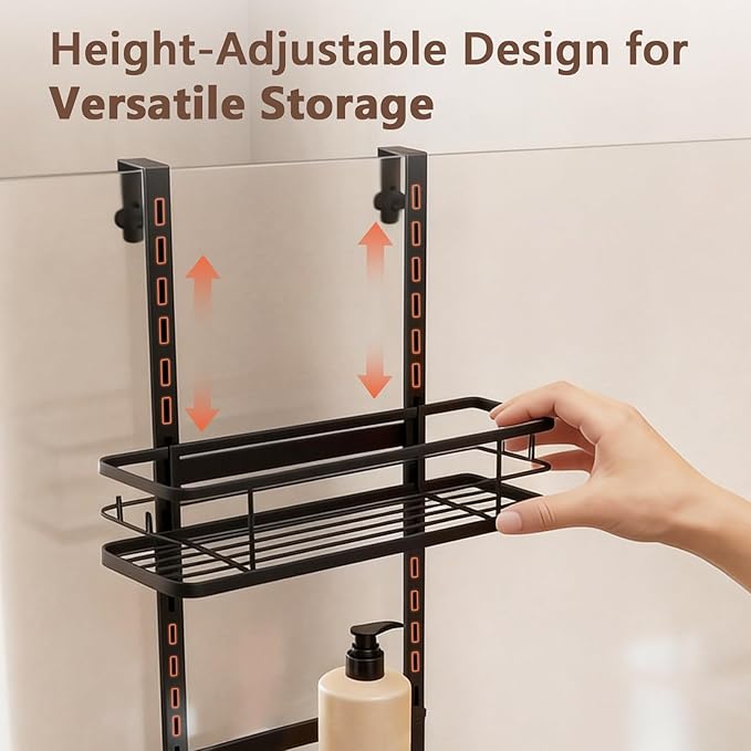 Over The Door Shower Caddy, 304 Stainless Steel Hanging Bathroom Organizer, Pantry Organizer & Kitchen Storage Rack with 3 Adjustable Shelves, No Drilling Hanging Shelf with 14 Hooks, Black