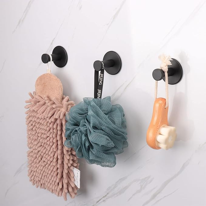 Bath Towel Hooks, 4 Pack Self Adhesive Coat Hooks, Sturdy No Drilling Robe Hook, SUS 304 Stainless Steel Heavy Duty Clothes Hanger, Wall Hooks for Bathroom Bedroom Kitchen (2 in, Black)