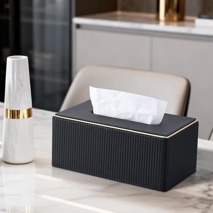 GORESE PU Leather Tissue Box Cover for Kleenex, Rectangle Tissue Box Holder, Rectangular Decorative Tissue Holder for 120(3-Ply)/160(2-Ply) Tissue Box, Black
