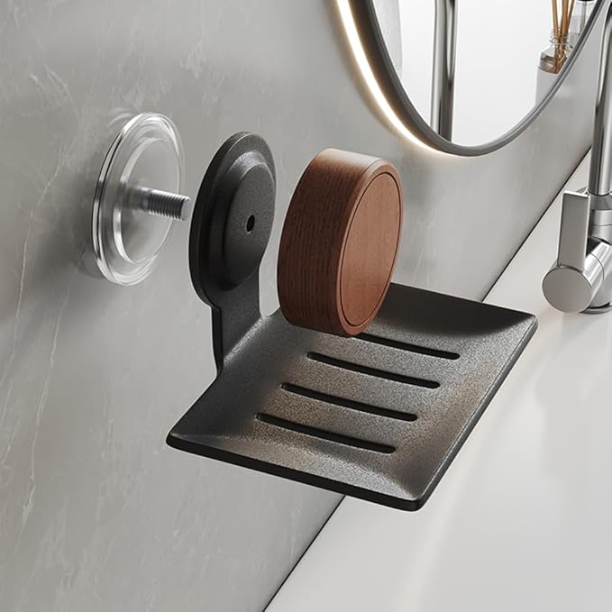 Soap Dish, Walnut and Stainless Steel,Soap Bar Holder for Shower Double-Sided Tape Wall Mounted, No-Drilling Waterproof Sponge Holder for Bathroom Bathtub Kitchen Sink, Keep Dry (White)