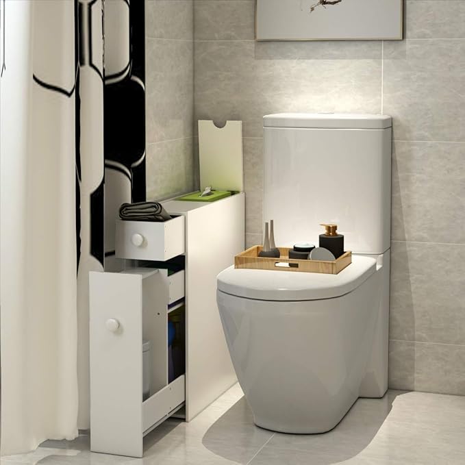 Tangkula Slim Storage Cabinet, Free Standing, with Slide Out Drawers, Narrow Floor Bathroom Organizer Next to Toilet, Toilet Paper Holder, 19 x 6.5 x 23 Inches (White)