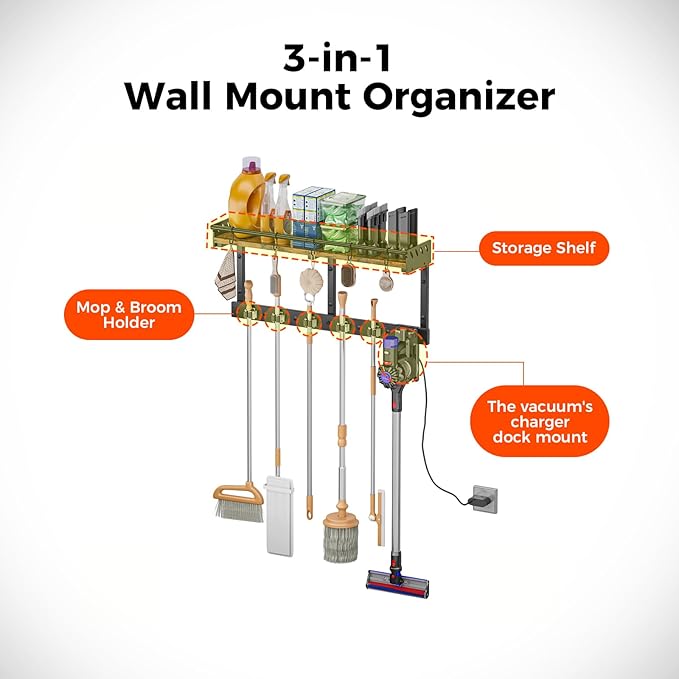 Broom Holder Wall Mount with Shelf, Broom Hanger with Vacuum Organizer and Hooks, Broom and Mop Organizer Wall Hanging for Laundry Room, Garage, Utility Closet, Kitchen（Large）