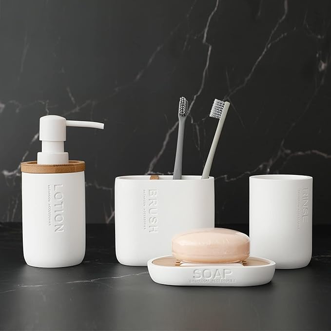 Toothbrush Holders Bamboo Electric Toothbrush Holder Bathroom Storage Organizer Countertop for Toothpaste, Floss, Razor, White
