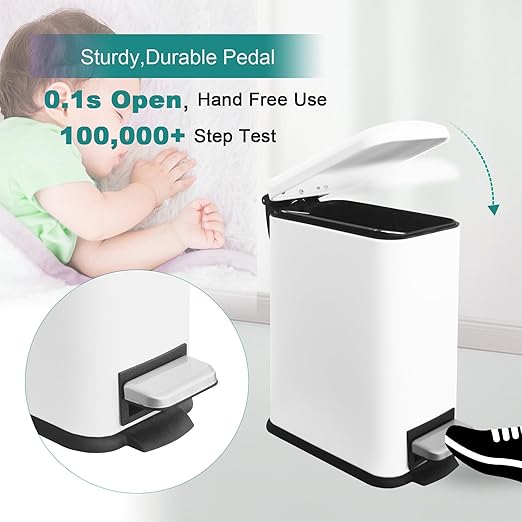 1.3 Gallon Stainless Steel Trash Can - Small Bathroom & Office Waste Bin with Lid, Compact Design, Durable Metal Construction, (White)