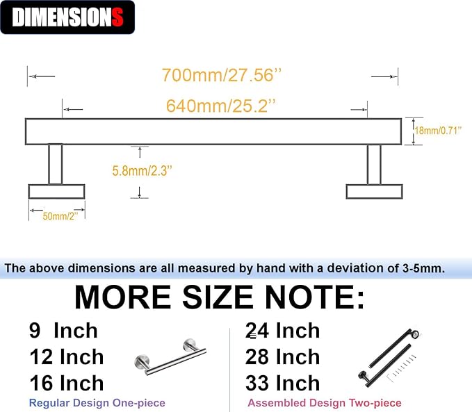 33 Inch Towel Bar 2 Pack for Bathroom 9/12/16/24/28/33 Inch Kitchen Hand Towel Holder Brushed Nickel Stainless Steel 304 RUSTPROOF Wall Mount Towel Rod 2 of Pack (2, Brushed Nickel, 33 Inch)