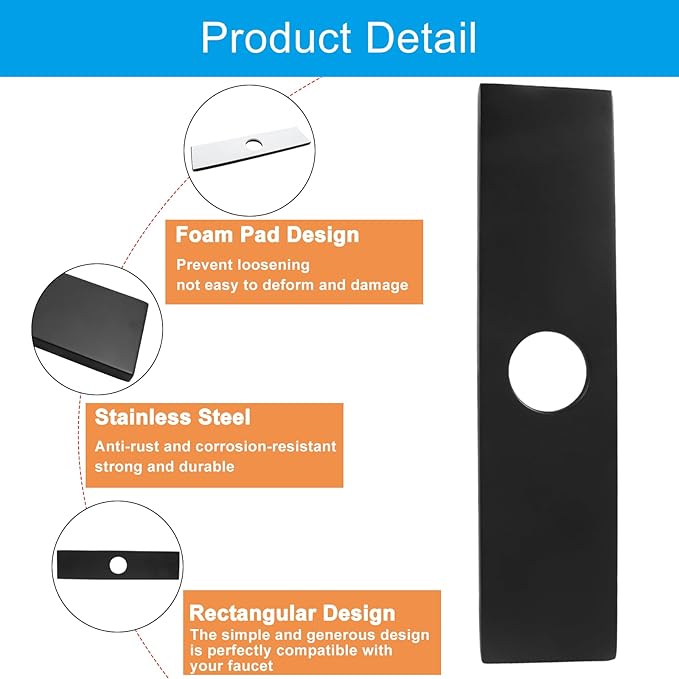 Biaungdo 10" Hole Cover Deck Plate, Matte Black Escutcheon Plate Stainless Steel Bathroom Faucet Plate Rectangle Faucet Cover Plate for 1 or 3 Hole Bathroom Vanity Sink Faucet