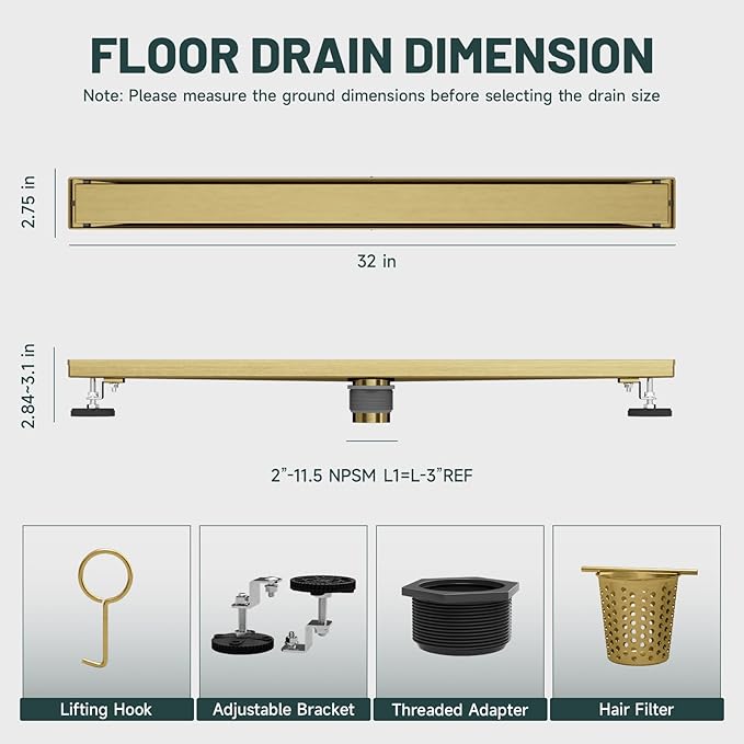 32-Inch Linear Shower Floor Drain, Stainless Steel Bathroom Floor Drains, Rectangular Shower Trench Floor Drain, Hair Strainer, Brushed Gold