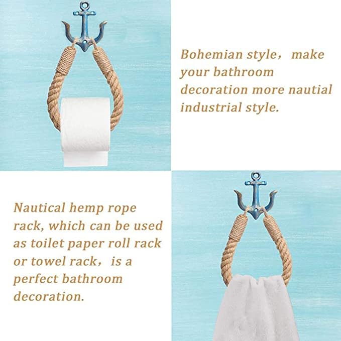2 Pcs Nautical Toilet Paper Holder Rustic-Industrial Wall-Mounted Nautical Toilet Paper Towel Ring with Metal Hook for Bathroom Decor(Blue+Blue)