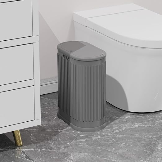 1.8 Gallons Small Stainless Steel Trash Can with Press Type Lid, Slim Bathroom Garbage Bin, Removable Liner Bucket, Dog Proof Narrow Wastebasket with Pop-Up Lid for Bedroom,Toilet (Gray)
