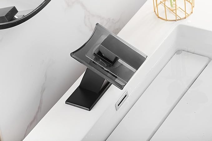 Black Bathroom Sink Faucet LED Light 3 Colors Changing Waterfall Glass Spout Hot and Cold Water Mixer Single Handle One Hole Deck Mounted Bathroom Faucet Lavatory Vanity Basin Mix Tap Commercial
