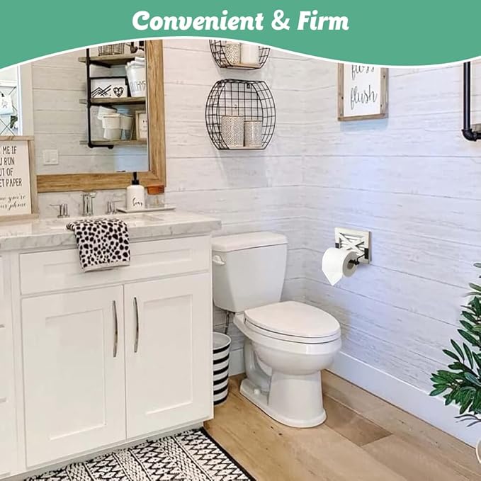 Farmhouse Toilet Paper Holder with Galvanized Metal& Black Metal - Rustic Weathered White Wood Wall Mount Toilet Roll Holder for Bathroom Decor