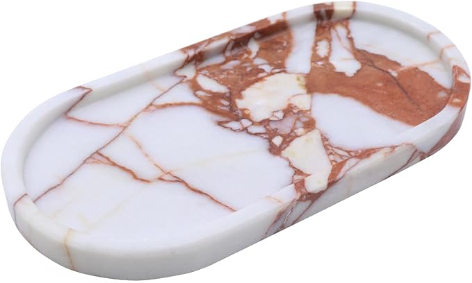 OOBOOB Oval Natural Marble Bathroom Tray for Decor Countertop, Marble Vanity Tray for Candles Perfume, Jewelry, Cosmetics, Elegant Vanity Organizer for Jewelry, Perfume