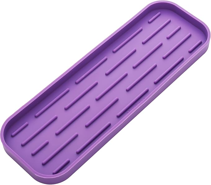 Silicone Kitchen Sink Organizer Tray for Multiple Usage,Eco-Friendly Sponges Holder for Kitchen Bathroom Counter or Sink,Dish Soap Dispenser,Scrubber,Bottle,Cup (Purple, 12"×4")