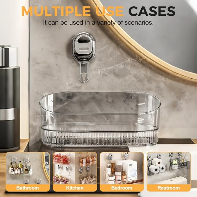 No Drill Bathroom Suction Storage Box, 2026 New Suction Cup Shelf, Multi Functional Wall-Mounted Organizer for Home Bathroom, Modern Transparent Storage Basket for Family (Grey)