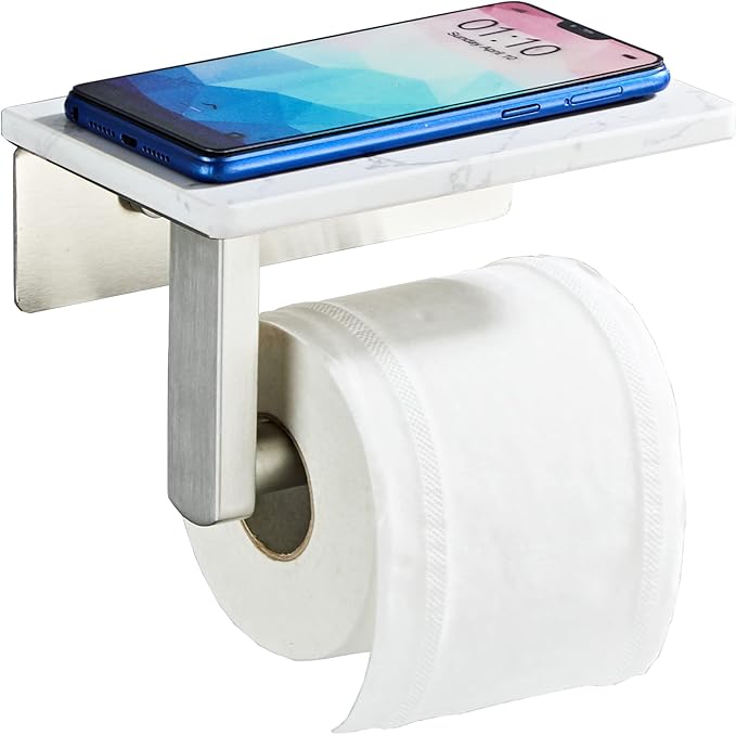 Brushed Nickel Toilet Paper Holder with Shelf, 304 Stainless Steel Screw Wall Mounted, Marble Tissue Roll Holder with Storage