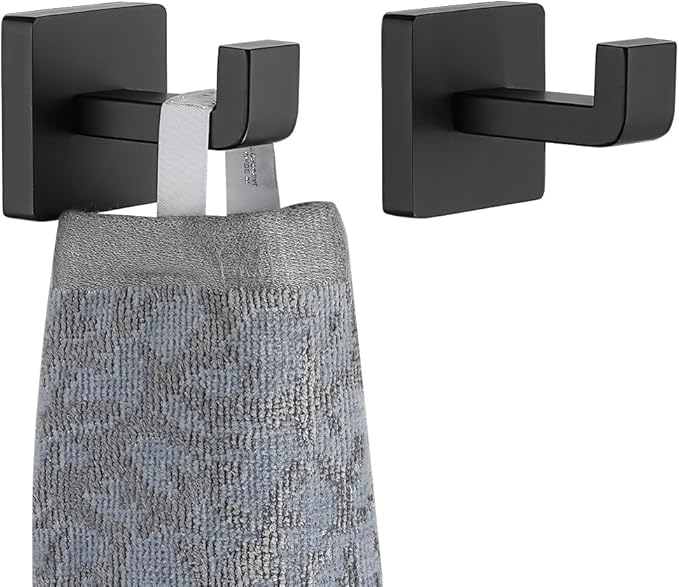 JQK Bathroom Towel Hook Black, Coat Robe Clothes Bath Wall Hooks for Kitchen Garage SUS 304 Stainless Steel Thick 0.8mm, 2 Pack Matte Black, TH250-PB-P2