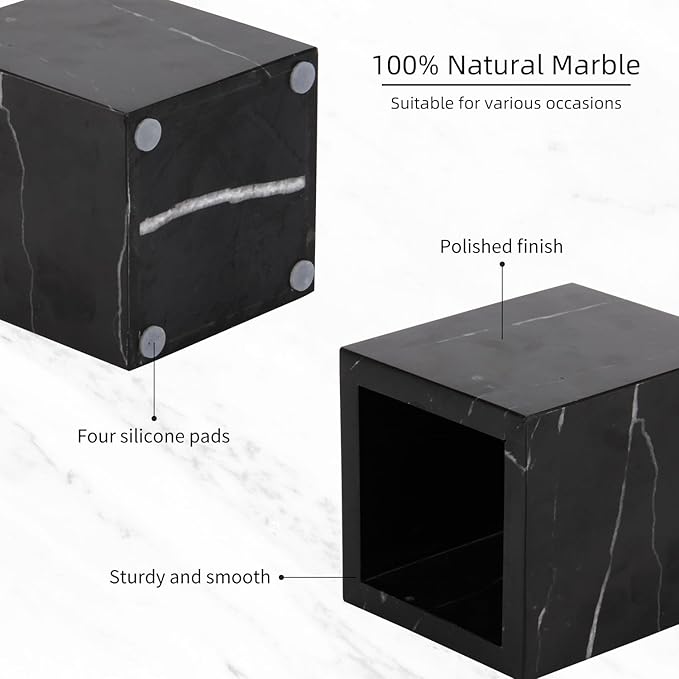 Natural Marble Toothbrush Holder for Bathroom Countertop (8.5x8.5x10cm) - Multifunctional Organizer for Makeup Brushes, Vanity Accessories & Utensils Sink (1, Black Marquina)