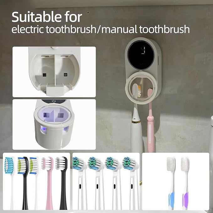 Wall-Mounted Toothbrush Holder for Bathrooms, Auto-Sensing Cover, Cleaner, Air-Drying Function, Rechargeable, with Led Smart Screen, Suitable for Electric and Manual Toothbrushes