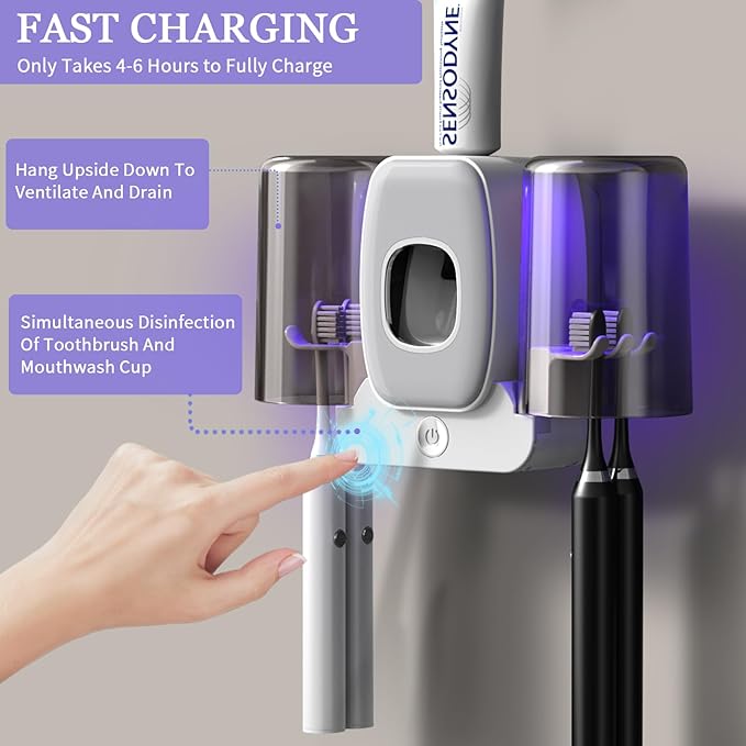 Toothbrush Holders for Bathrooms,Rechargeable Cordless Wall Mounted Tooth Brushing Holder,Electric Toothbrush Holder with 2 Cups,4 Toothbrush Slots,Toothpaste Dispenser (Grey)
