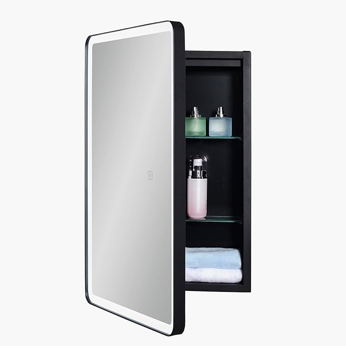 Lighted Bathroom Medicine Cabinet with Round Corner Framed Mirror Door 15 x 25 inch, Left Hand Opening, Recessed or Surface Mount, with Adjustable Glass Shelves