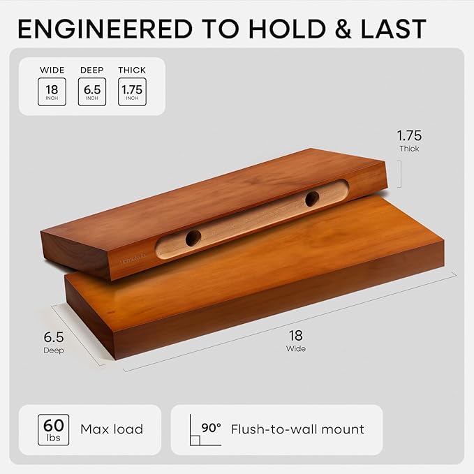 Homeforia 18 inch Floating Shelf Oak, High End Solid Real Wood 18inch Long Floating Shelves for Wall Mounted, Honey Oak Wooden 18in Floating Shelves, Heavy Duty Bracket, 18 X 6.5 X 1.75 inch, Set of 4