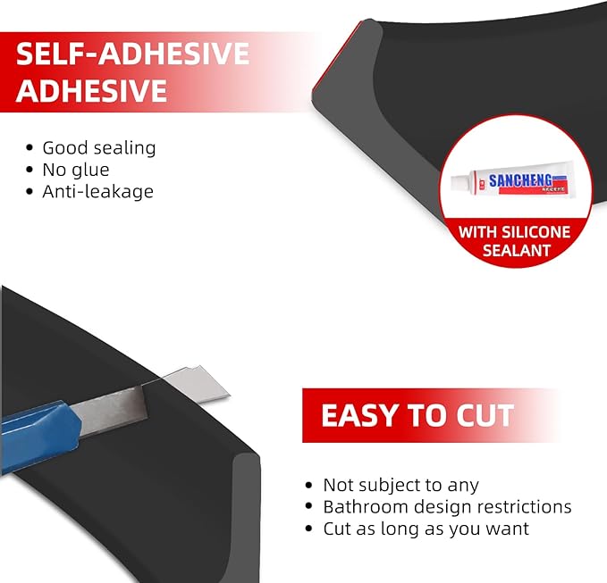 Shower Threshold Water Dam, 98" Black Flexible Silicone Water Barrier Seal Strip, Self-Adhesive Splash Guard for Sink Tops, Bathroom, Shower Door