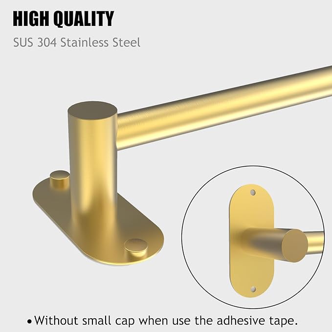 Towel Bar, Adjustable 14.4inch - 25.2inch Towel Rack, Self Adhesive & Wall Mounted for Bathroom Kitchen Hand Towel Holder Cloths Hanger 304 Stainless Steel Organizer Single Bar (1, Gold)