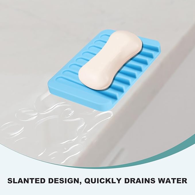 uxcell 2 Pcs Self Draining Silicone Soap Dish, Soap Tray with Drainage for Bathroom Shower Kitchen Sink, 4.5" x 3.1" x 0.4", Sky Blue