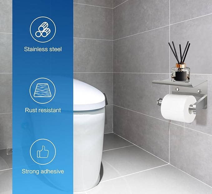 1pcs Brushed Nickel Toilet Paper Holder with Shelf, Screw or Self-Adhesive Toilet Paper Holder Wall Mount