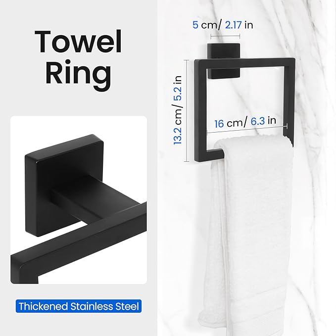 FAHKNS 10 PCS Bathroom Hardware Accessories Set 23.6 Inch Stainless Steel Bath Towel Bar Set Square Towel Ring Set for Bathroom Wall Mounted, Black