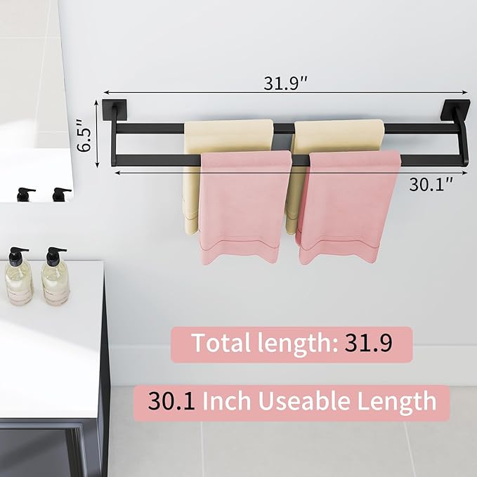 Double Towel Bar 32 Inch, Heavy Duty Stainless Steel Double Towel Racks for Bathroom Wall Mounted, Space Saving Bathroom Towel Holder Rod, Matte Black